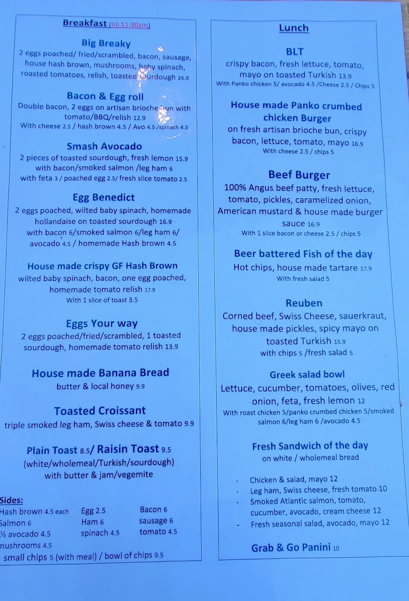 Menu, Lady A Cafe