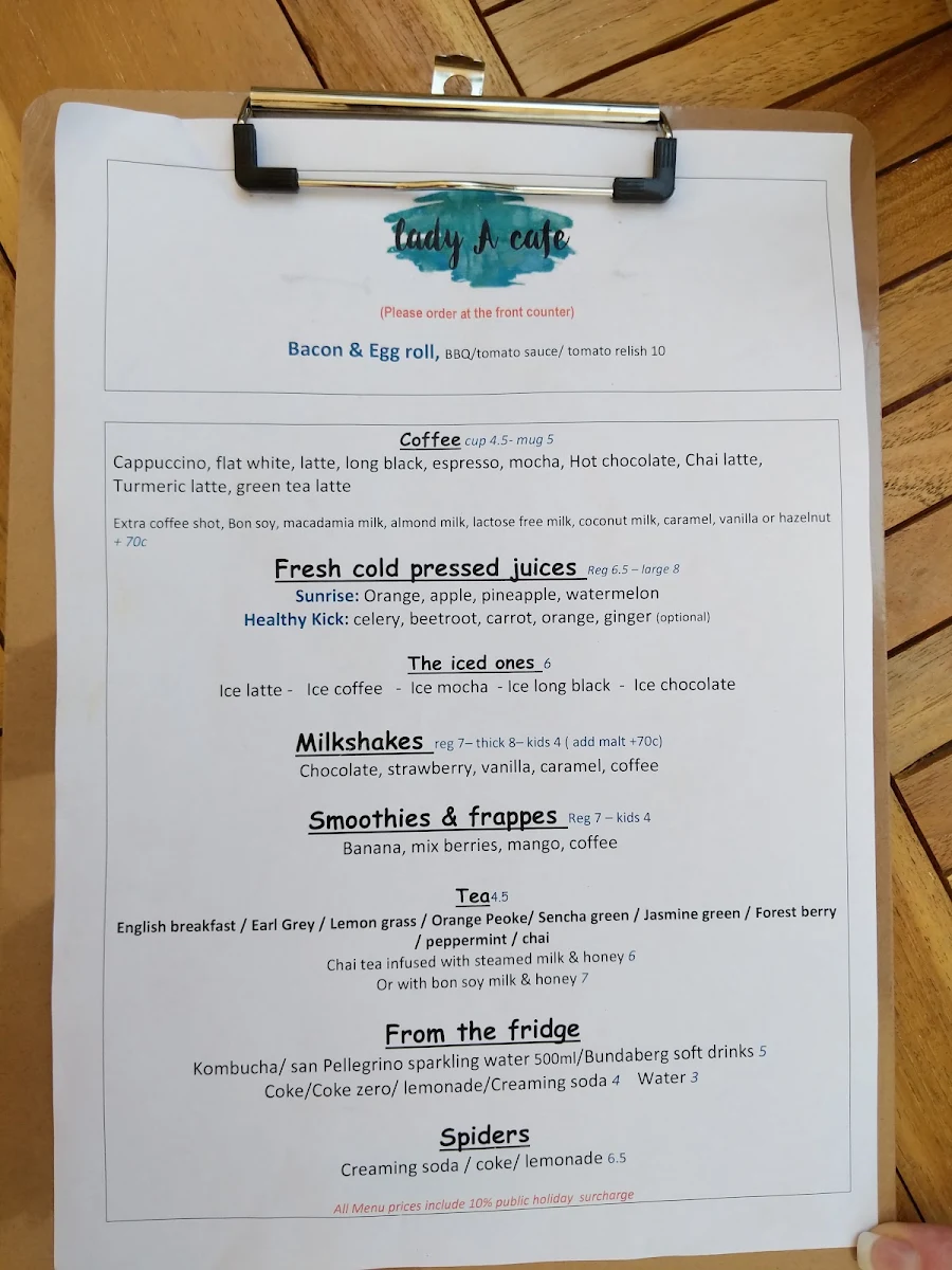 Menu, Lady A Cafe