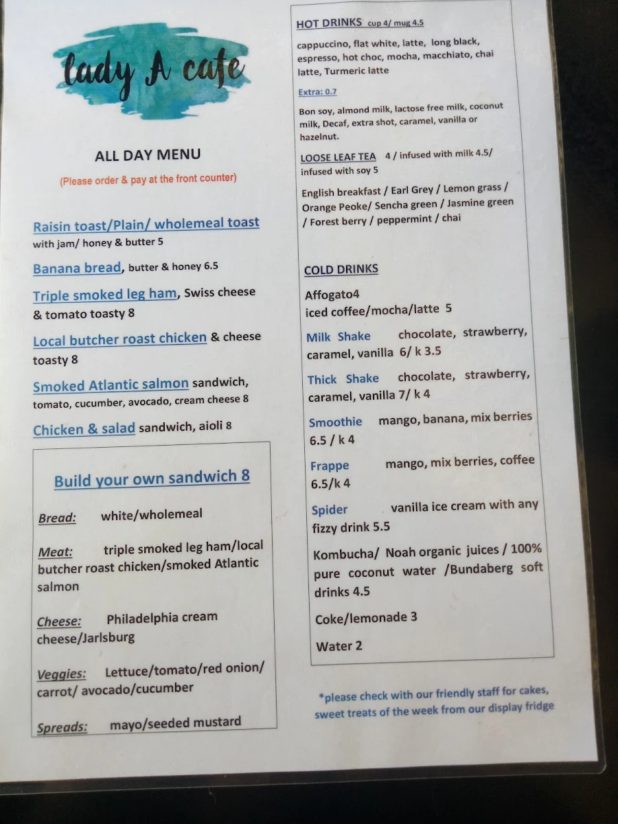 Menu, Lady A Cafe