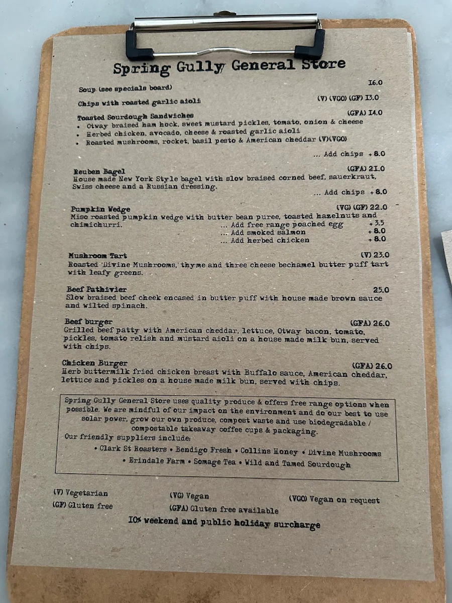 Menu, Spring Gully General Store