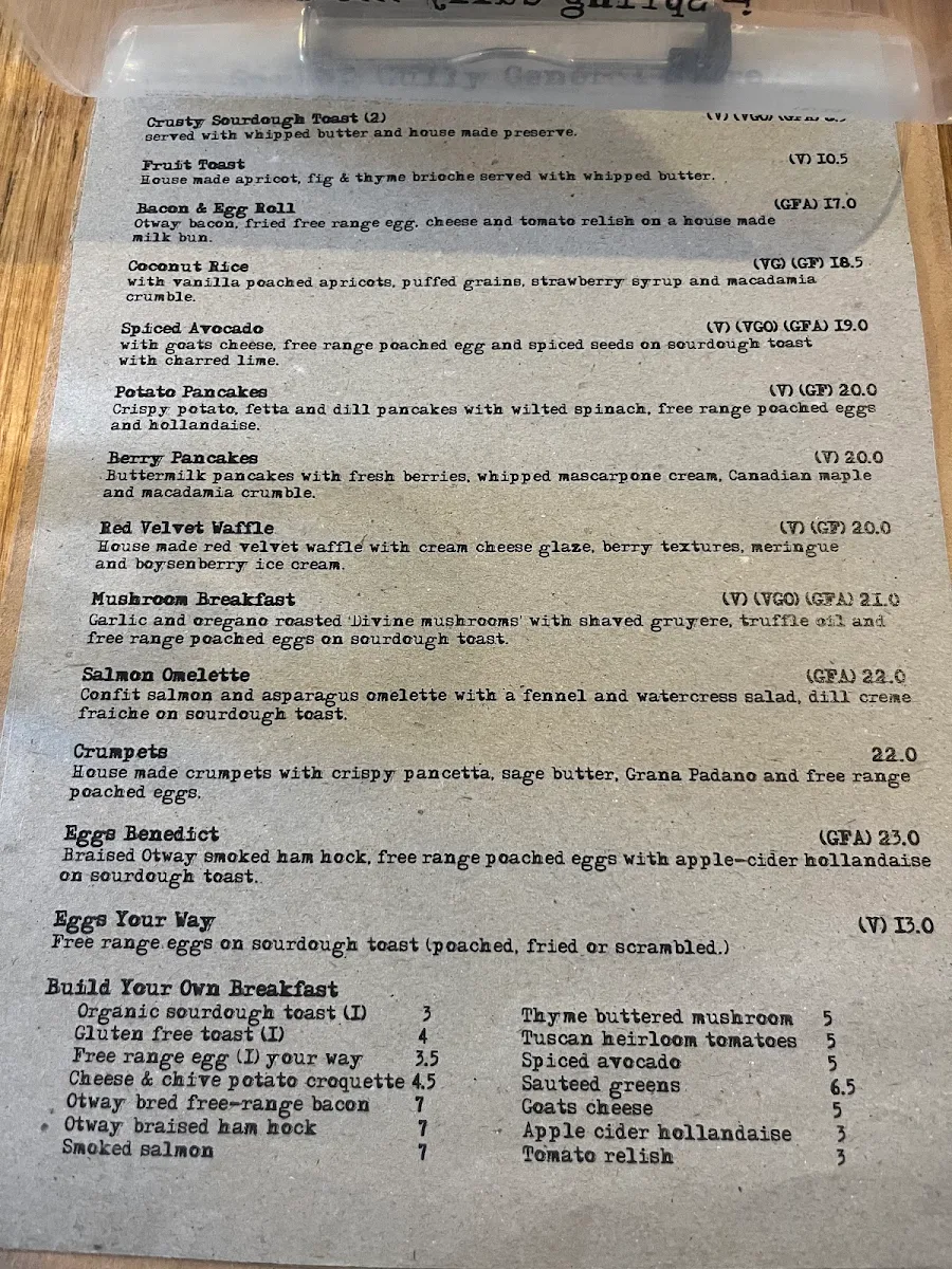Menu, Spring Gully General Store