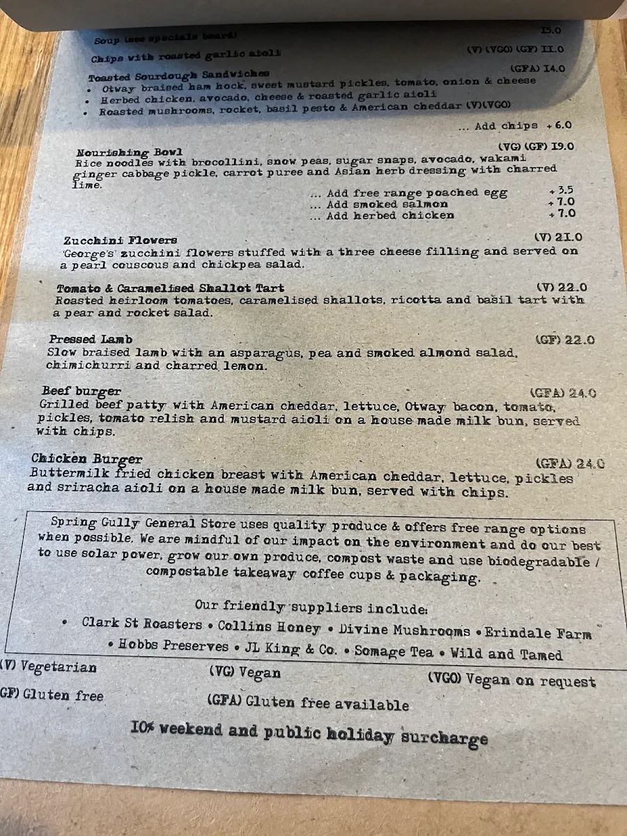 Menu, Spring Gully General Store