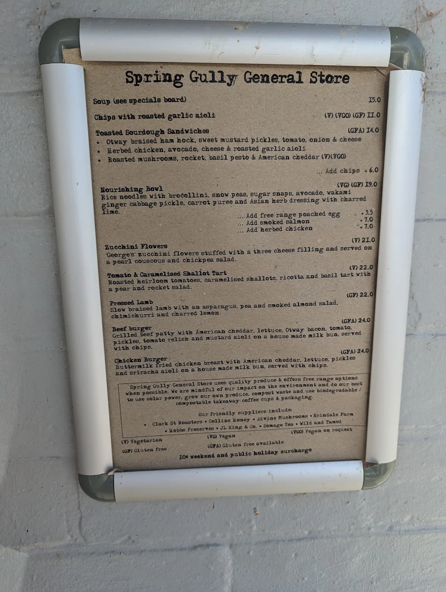 Menu, Spring Gully General Store
