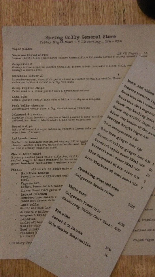 Menu, Spring Gully General Store