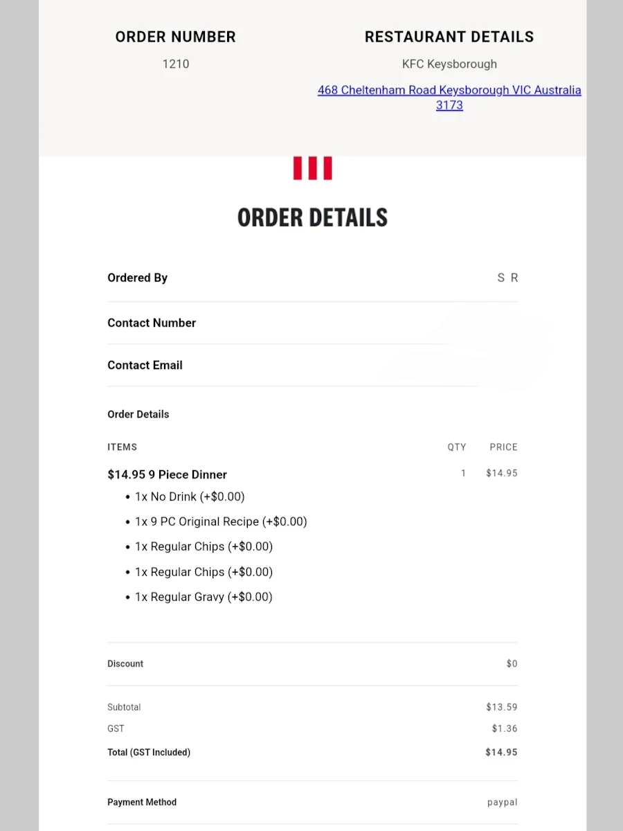 Menu, KFC Keysborough