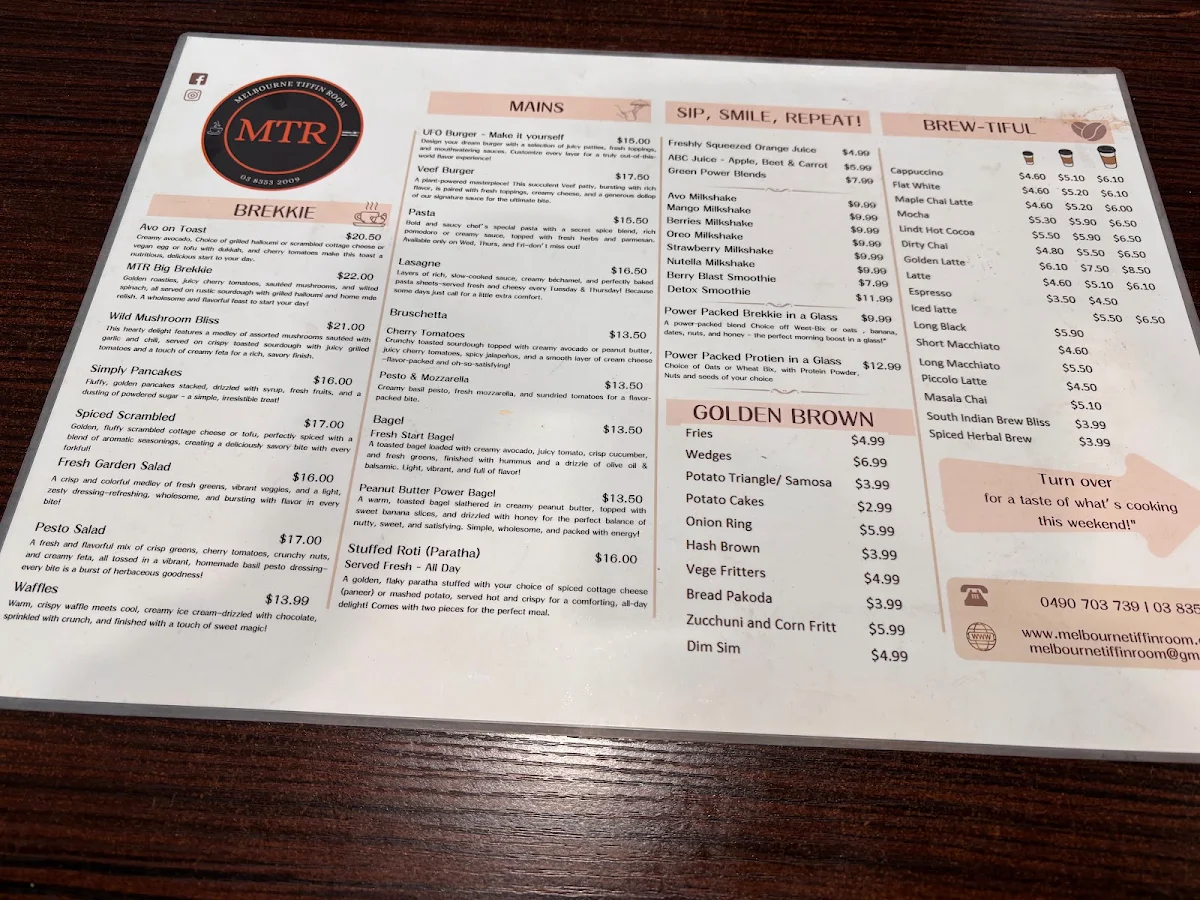 Menu, Melbourne Tiffin Room