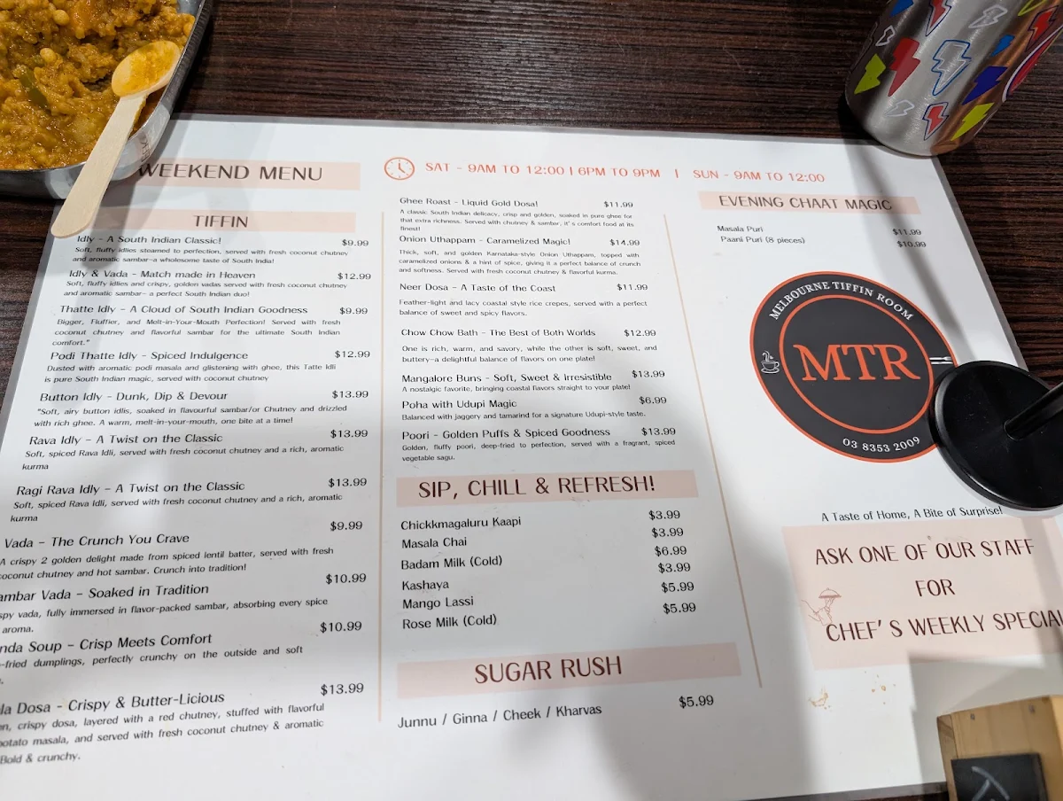Menu, Melbourne Tiffin Room