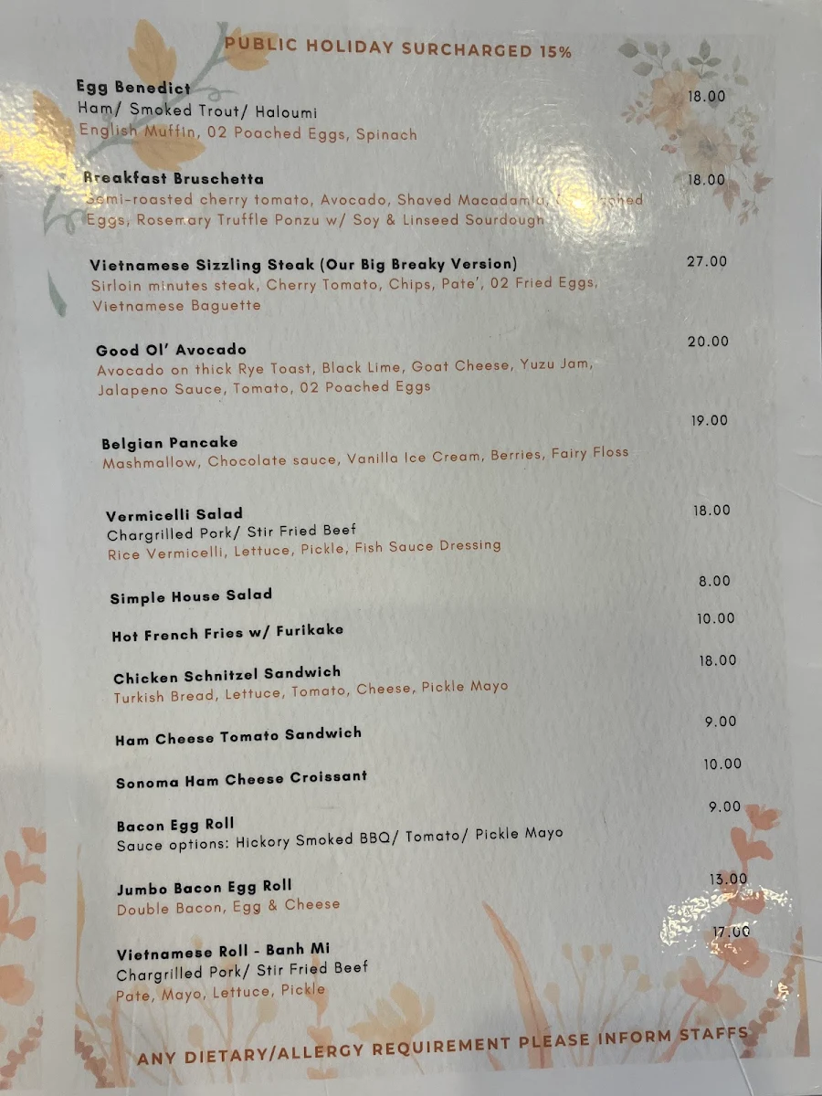 Menu, Old Quarter Cafe