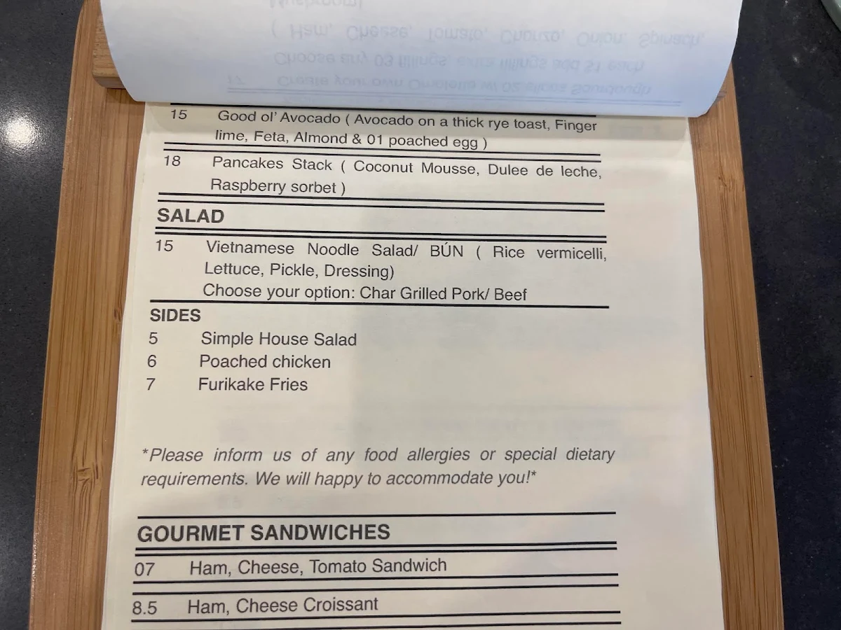 Menu, Old Quarter Cafe