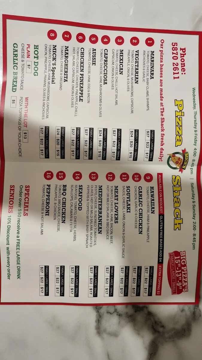 Menu, Mick's Pizza