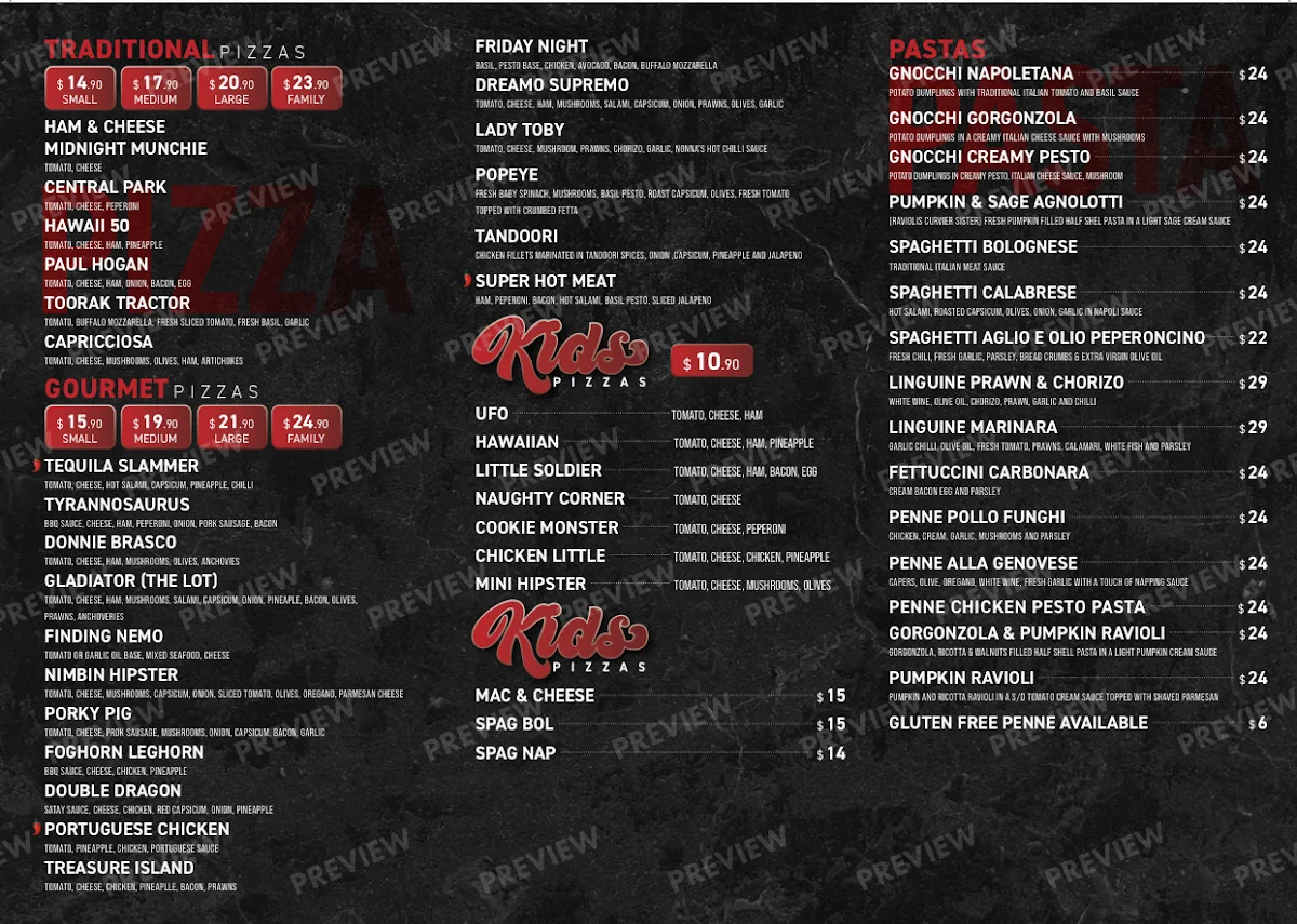 Menu, Pizzacraft & Pasta Co.