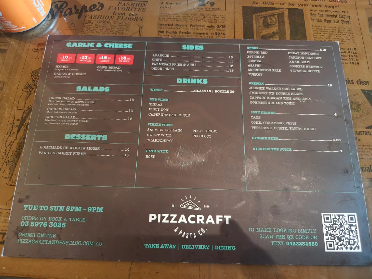Menu, Pizzacraft & Pasta Co.