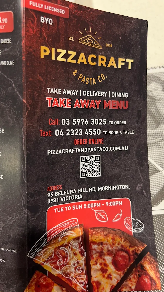Menu, Pizzacraft & Pasta Co.