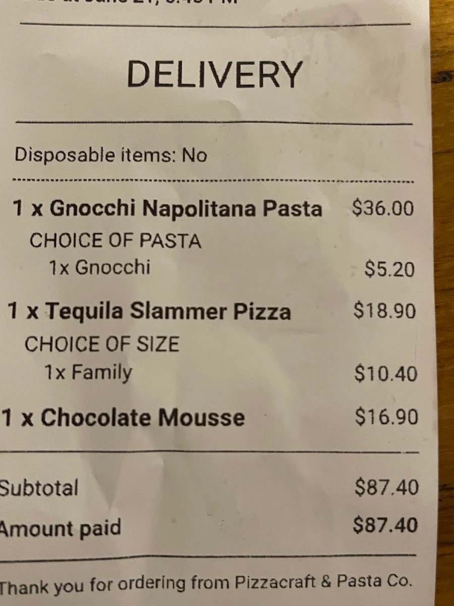 Menu, Pizzacraft & Pasta Co.