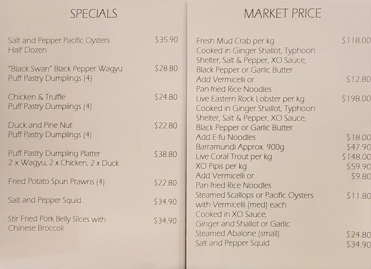 Menu, Hao Chi Newcastle
