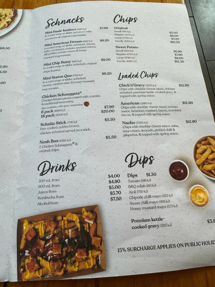 Menu, Schnitz South Melbourne