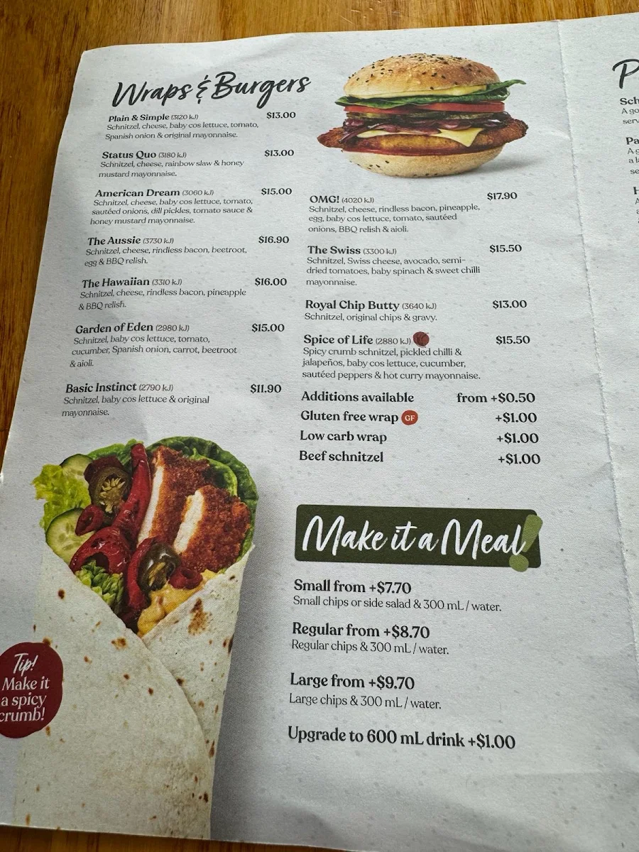 Menu, Schnitz South Melbourne