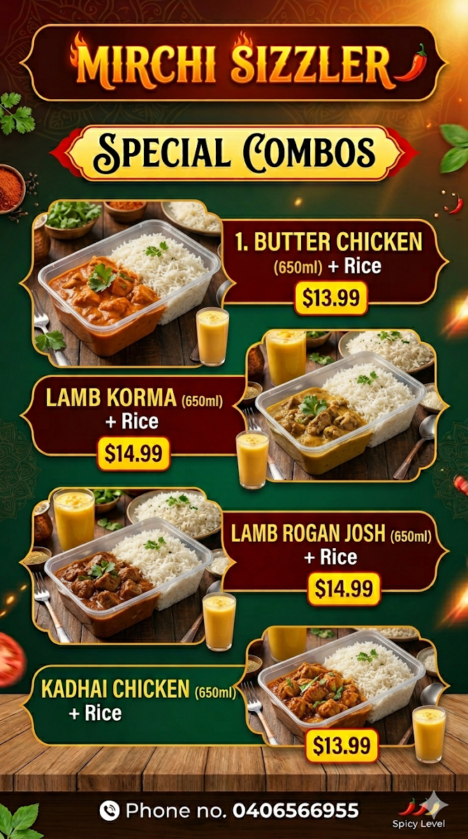 Menu, Mirchi Sizzler Indian Restaurant