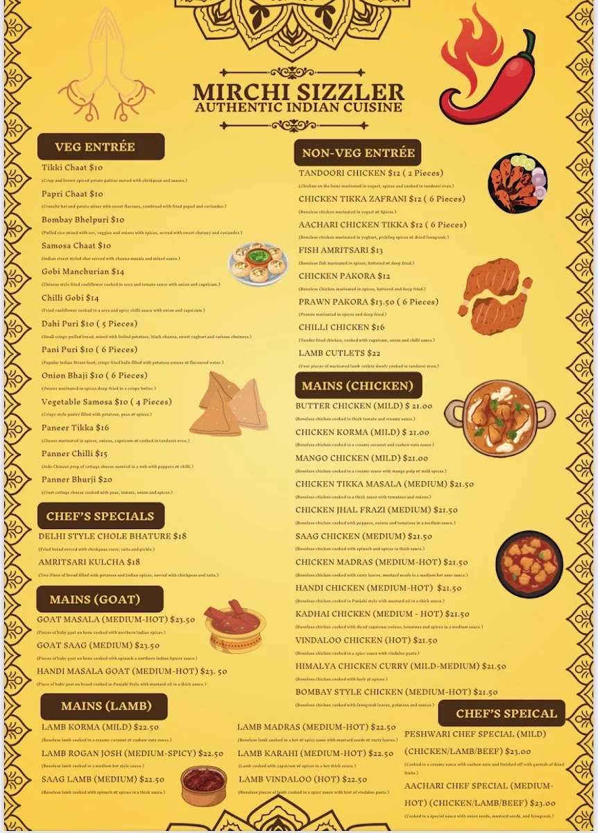 Menu, Mirchi Sizzler Indian Restaurant