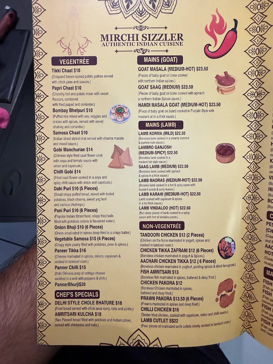 Menu, Mirchi Sizzler Indian Restaurant