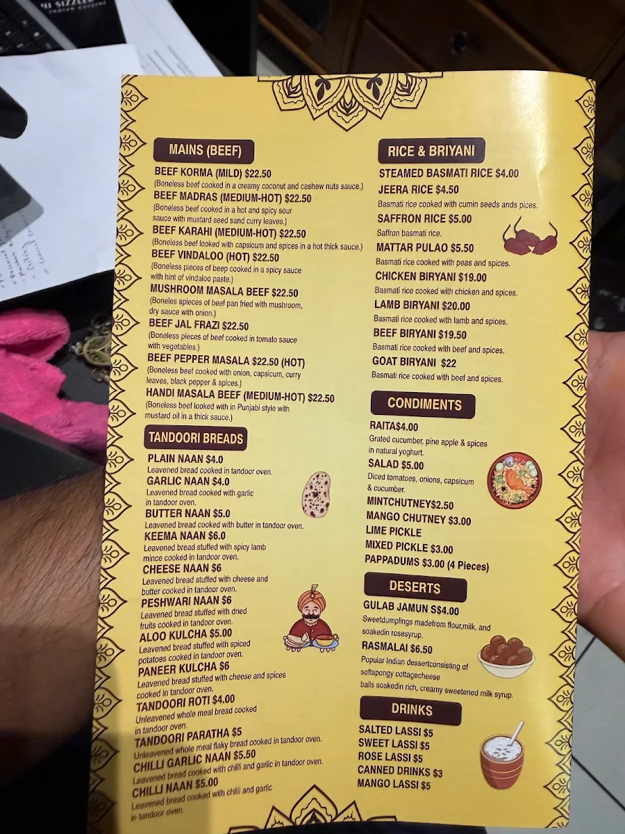 Menu, Mirchi Sizzler Indian Restaurant