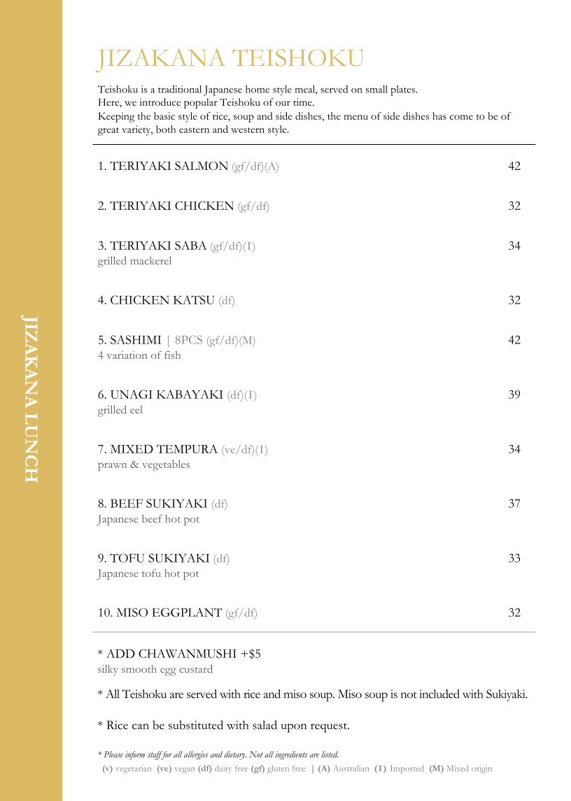 Menu, Jizakana
