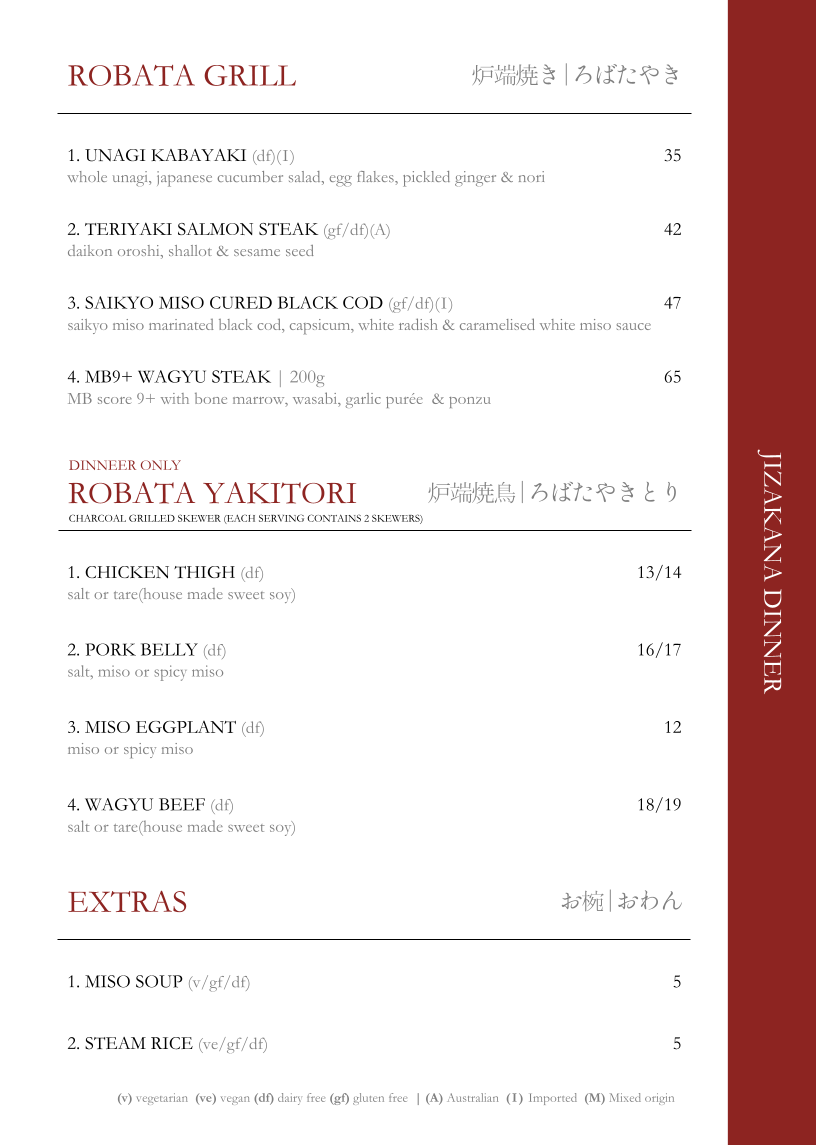 Menu, Jizakana