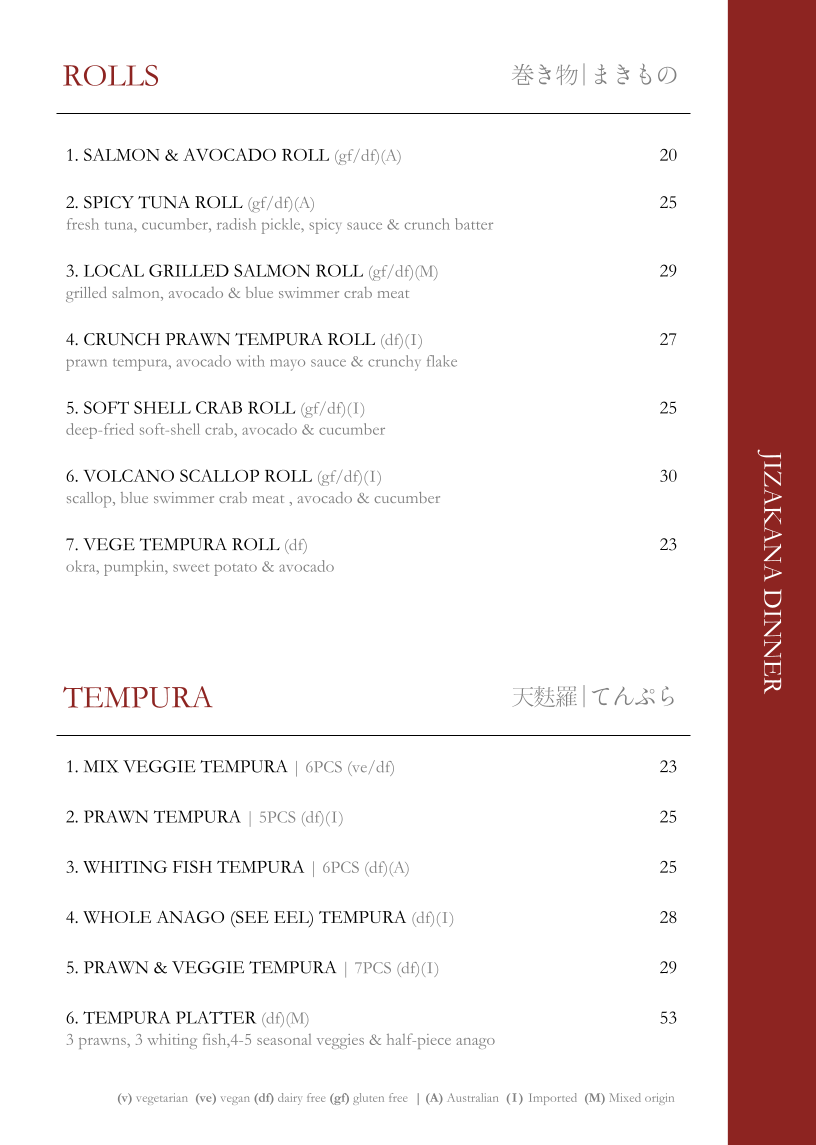 Menu, Jizakana