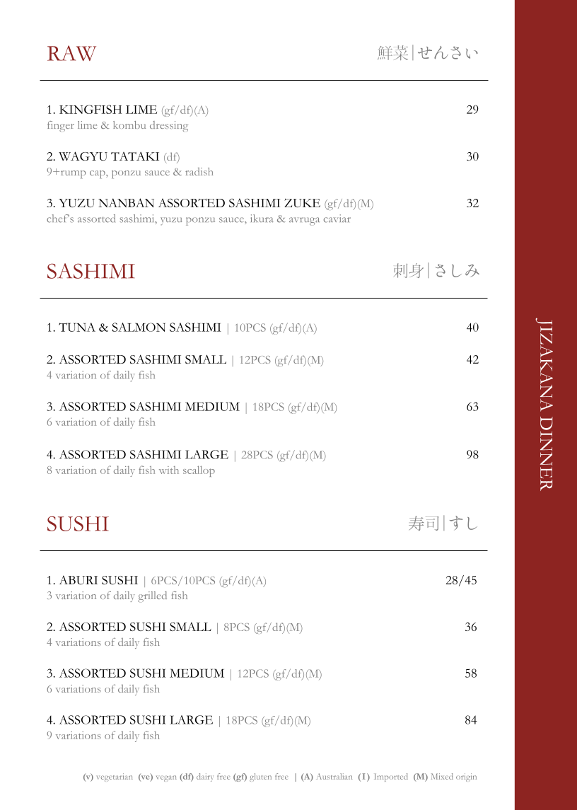 Menu, Jizakana