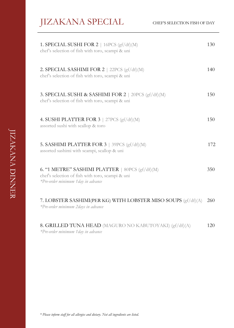 Menu, Jizakana