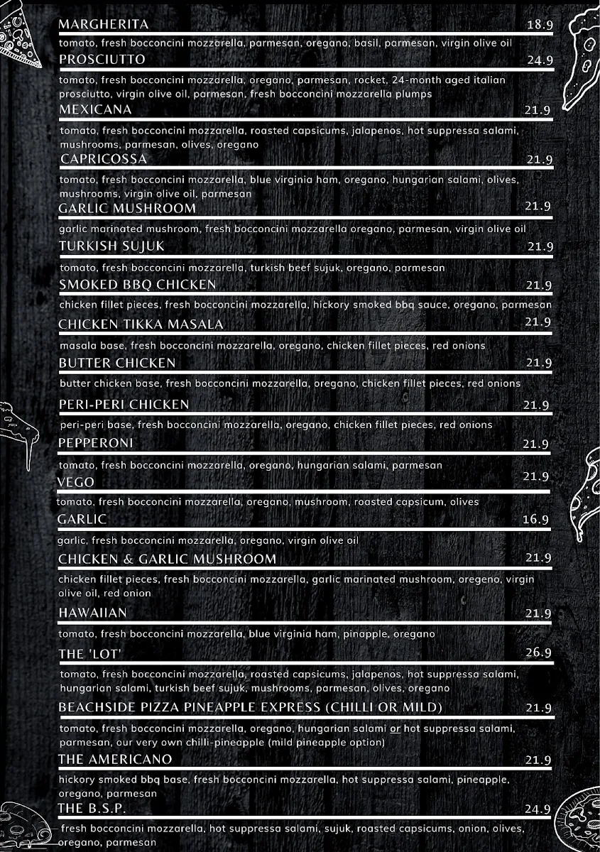 Menu, Beachside Pizza Co