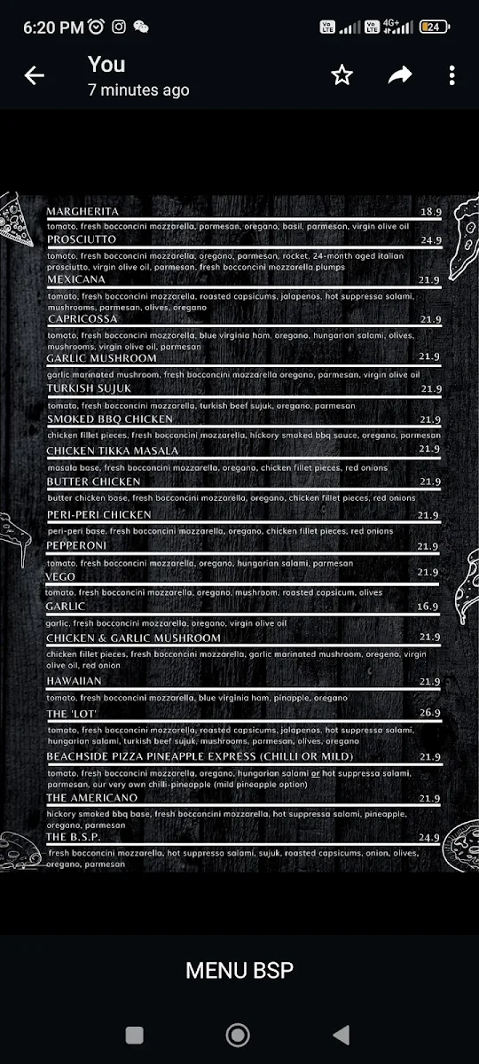 Menu, Beachside Pizza Co