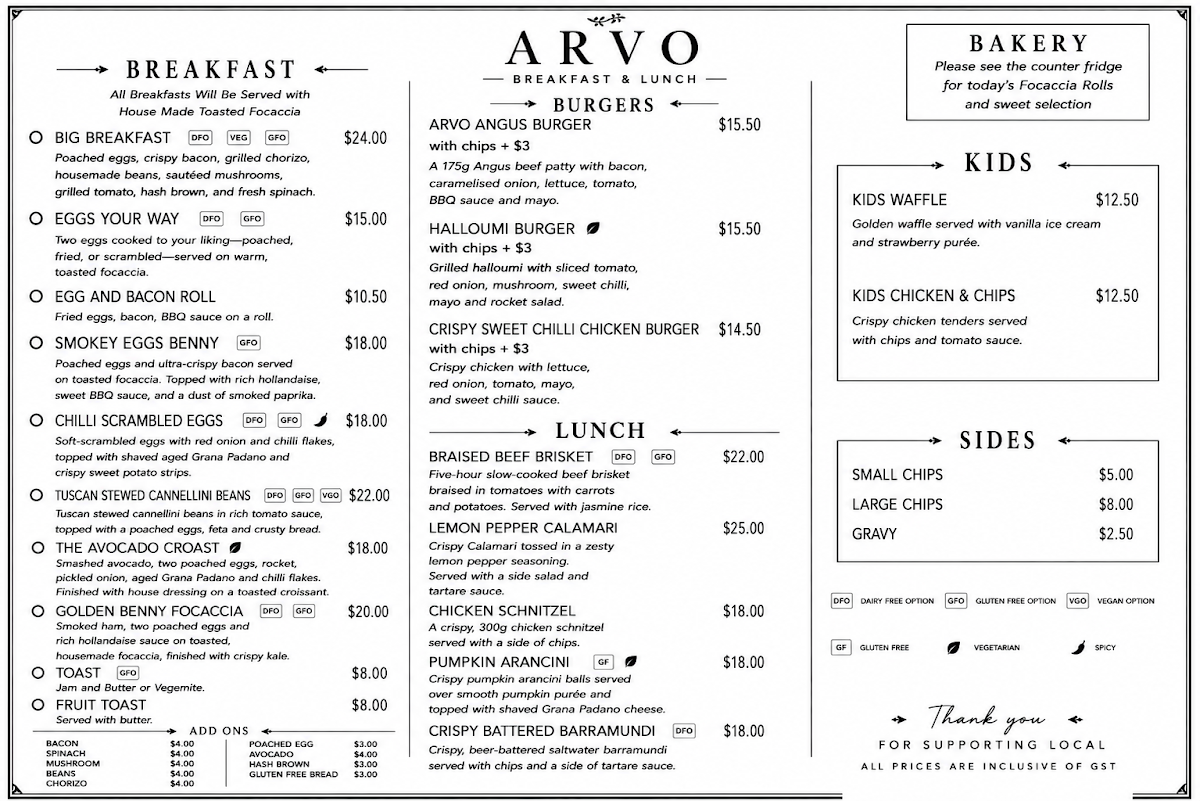Menu, Arvo Café