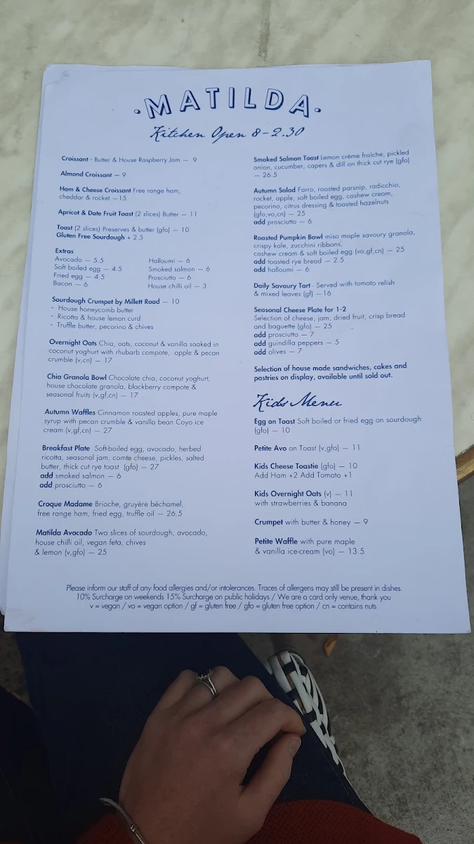 Menu, Matilda Mont Albert