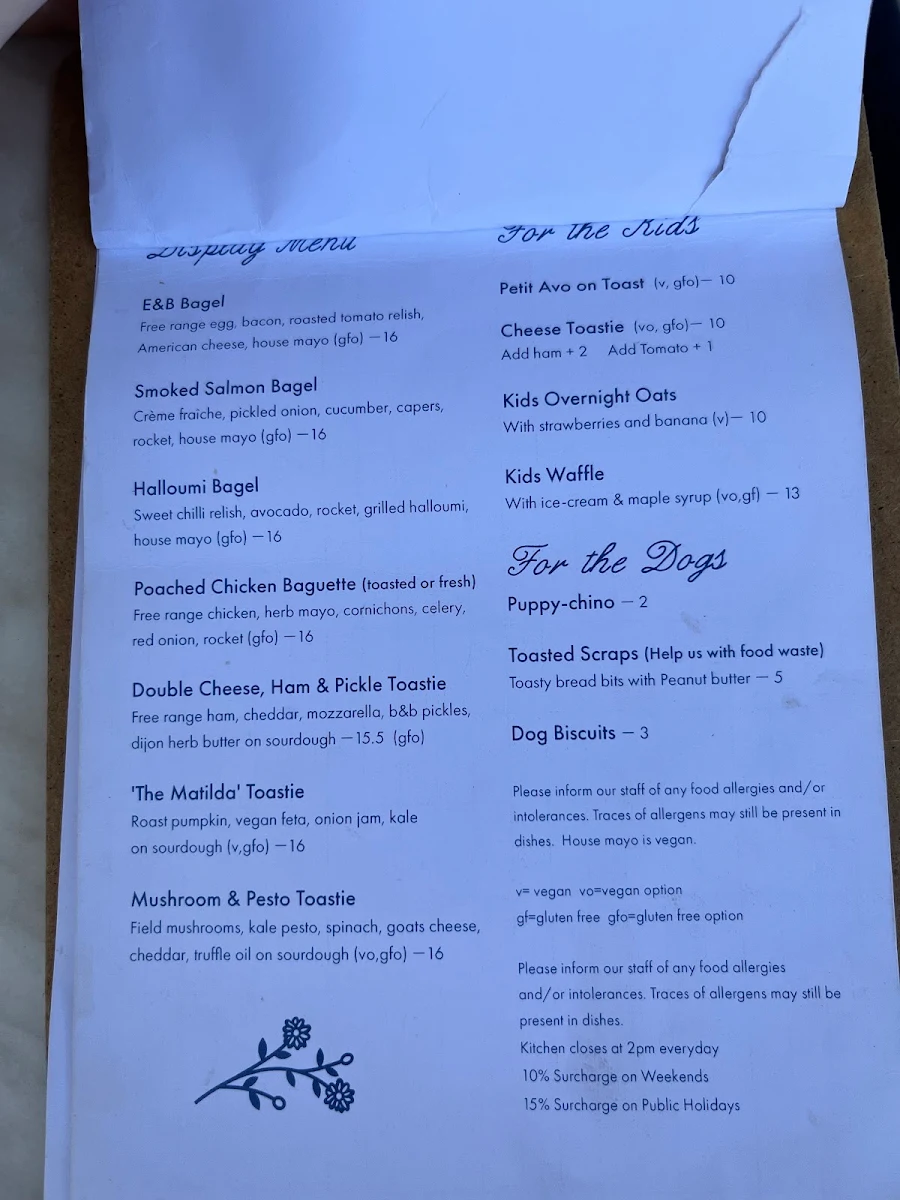Menu, Matilda Mont Albert