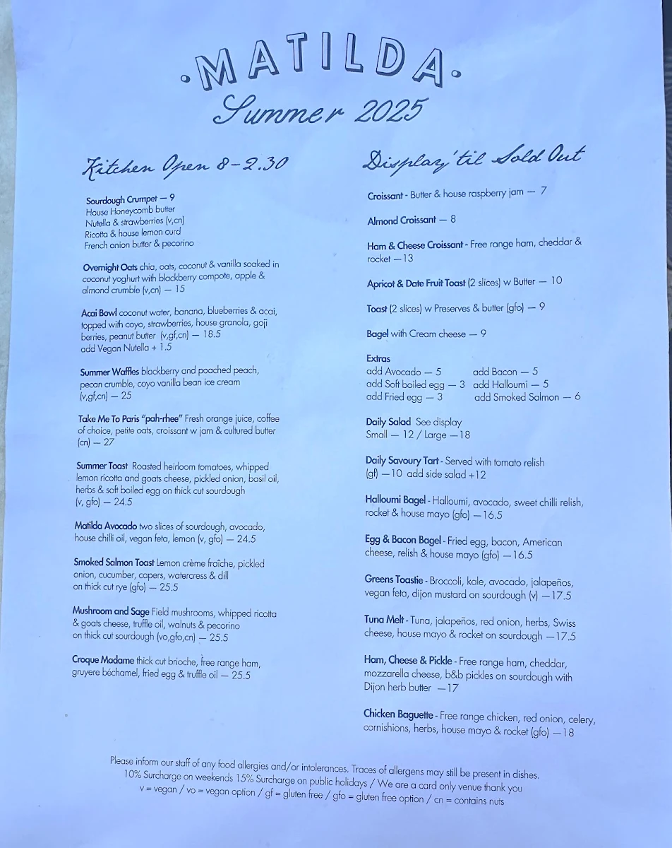 Menu, Matilda Mont Albert