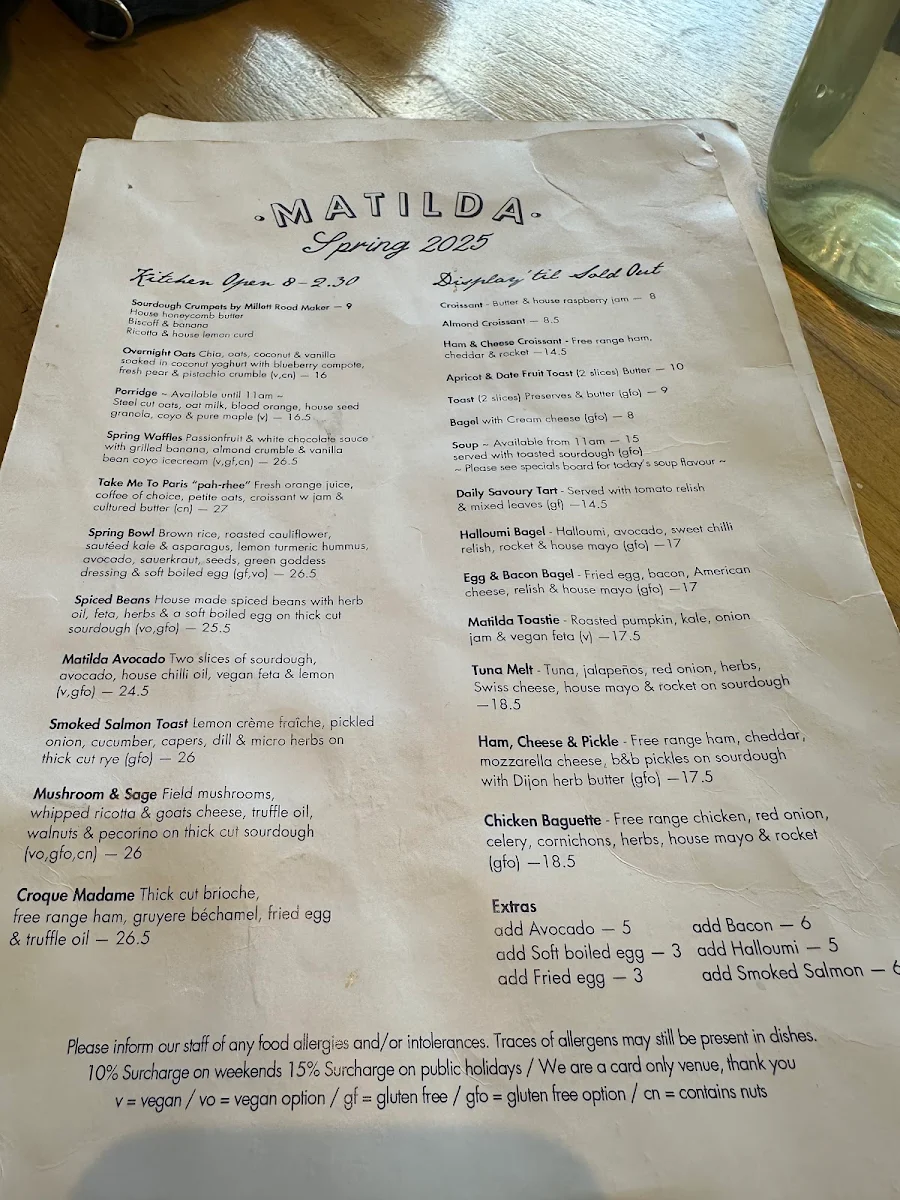 Menu, Matilda Mont Albert