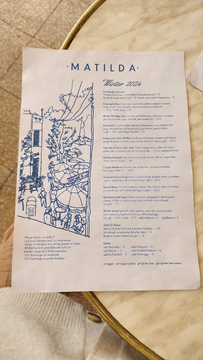 Menu, Matilda Mont Albert