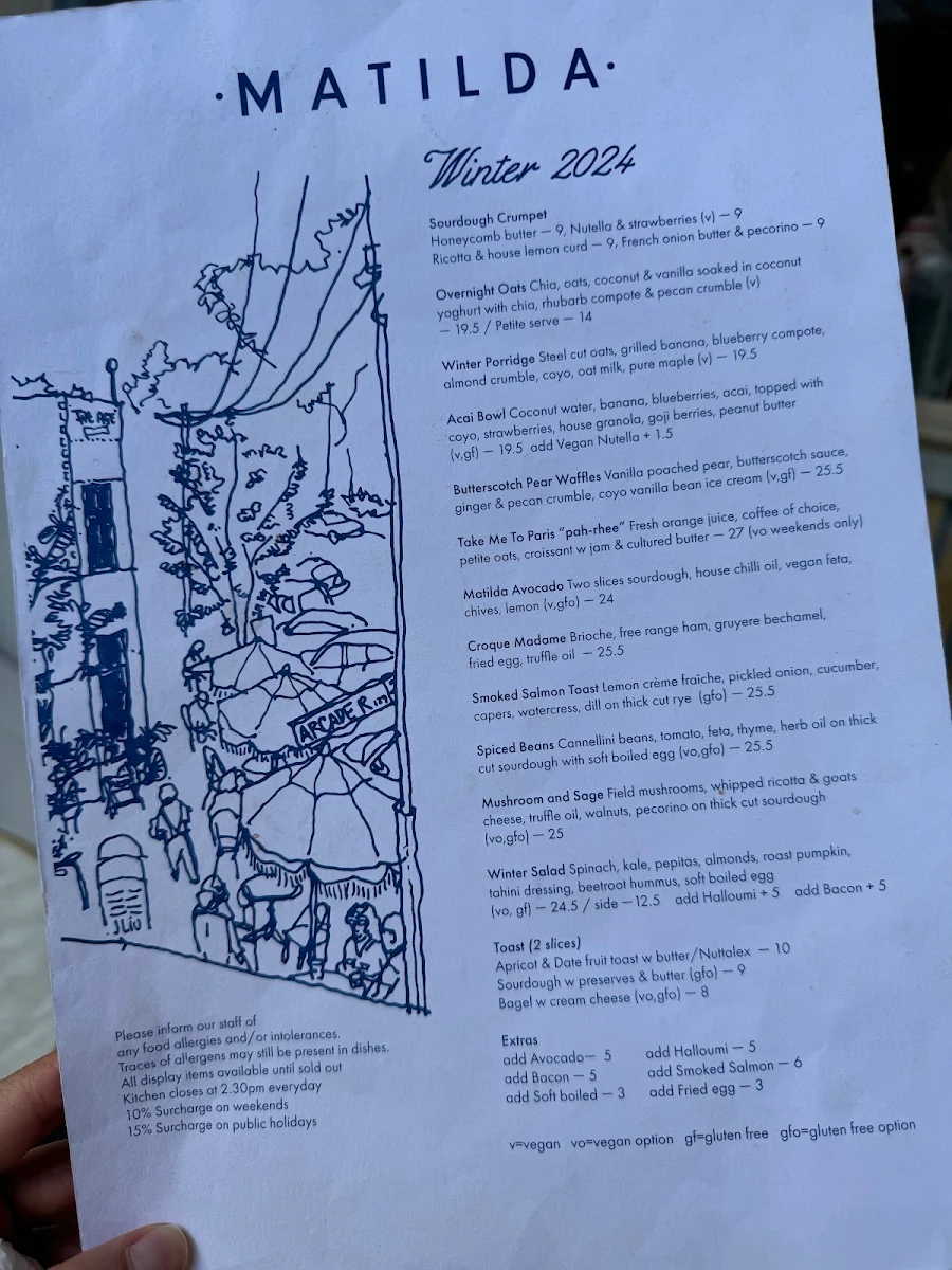 Menu, Matilda Mont Albert