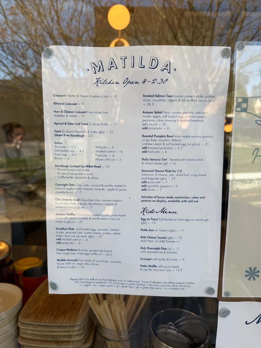 Menu, Matilda Mont Albert