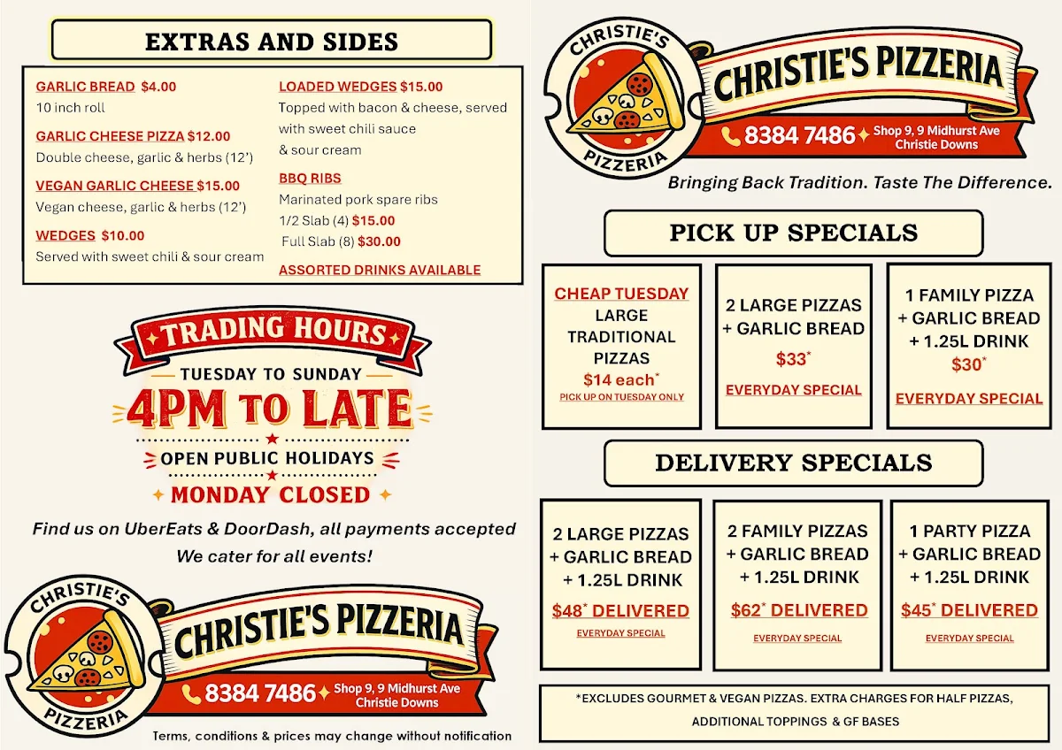 Menu, Christie's Pizzeria