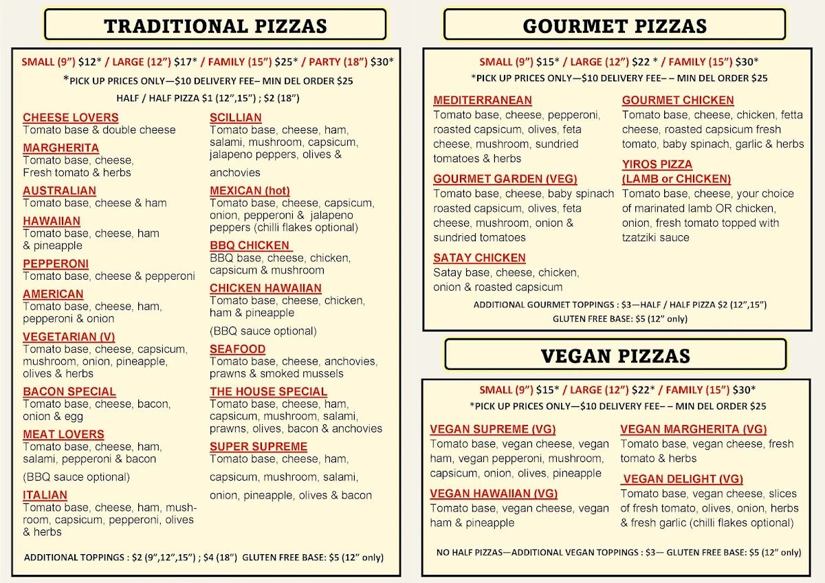 Menu, Christie's Pizzeria