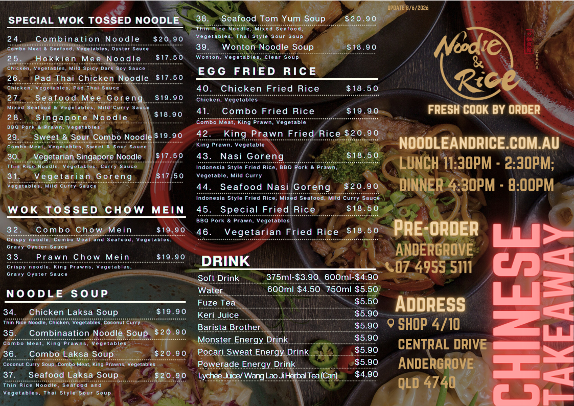 Menu, Noodle & Rice Andergrove Chinese Cuisine