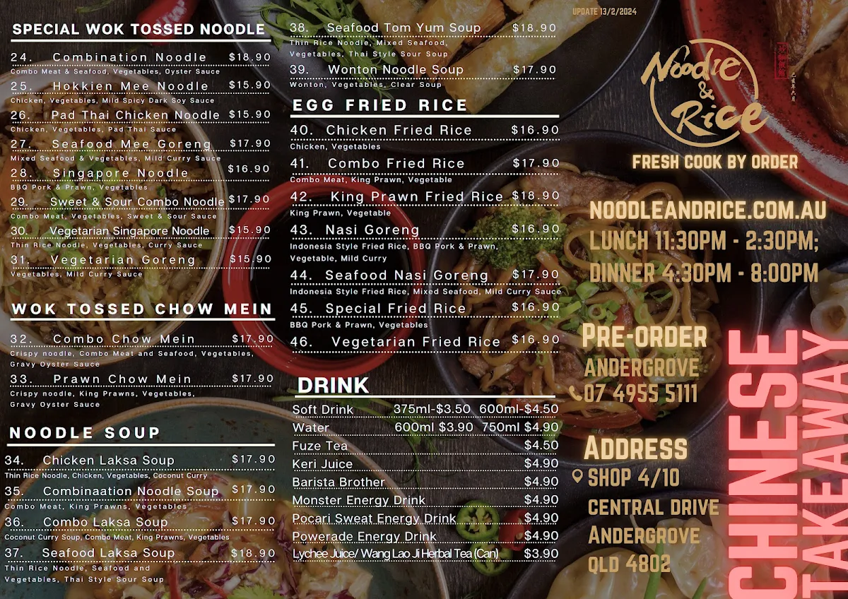 Menu, Noodle & Rice Andergrove Chinese Cuisine