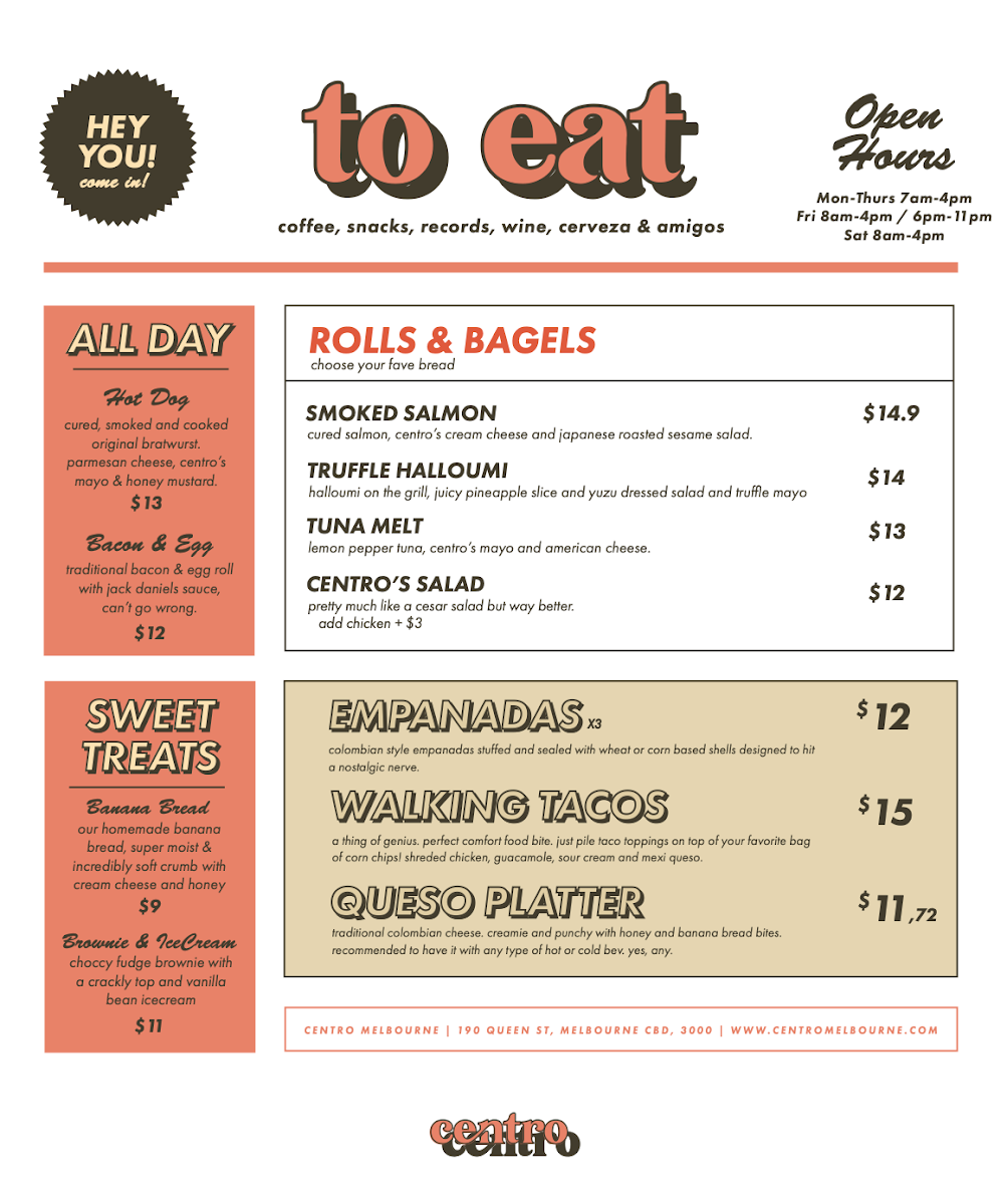 Menu, Centro Melbourne