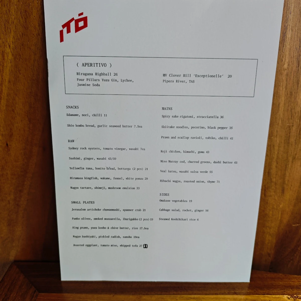 Menu, Itō Restaurant