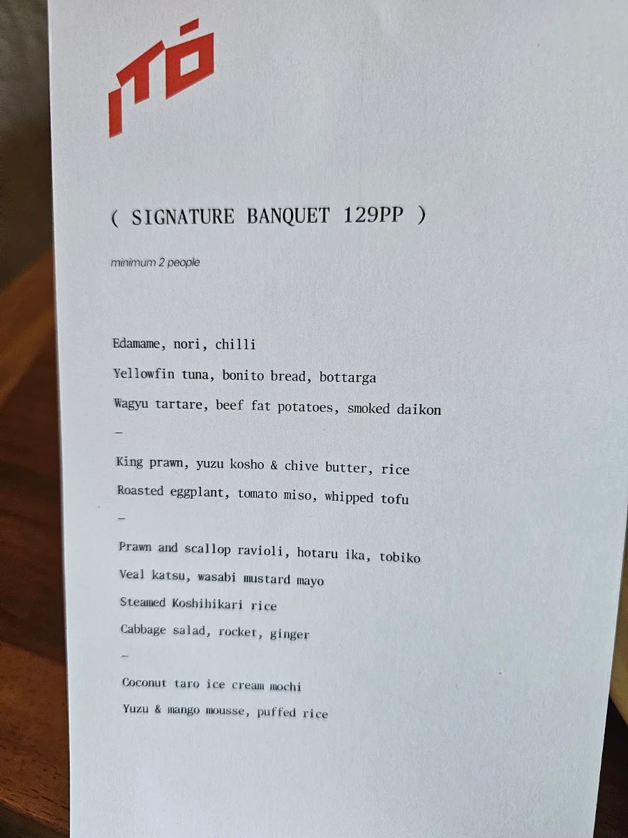 Menu, Itō Restaurant