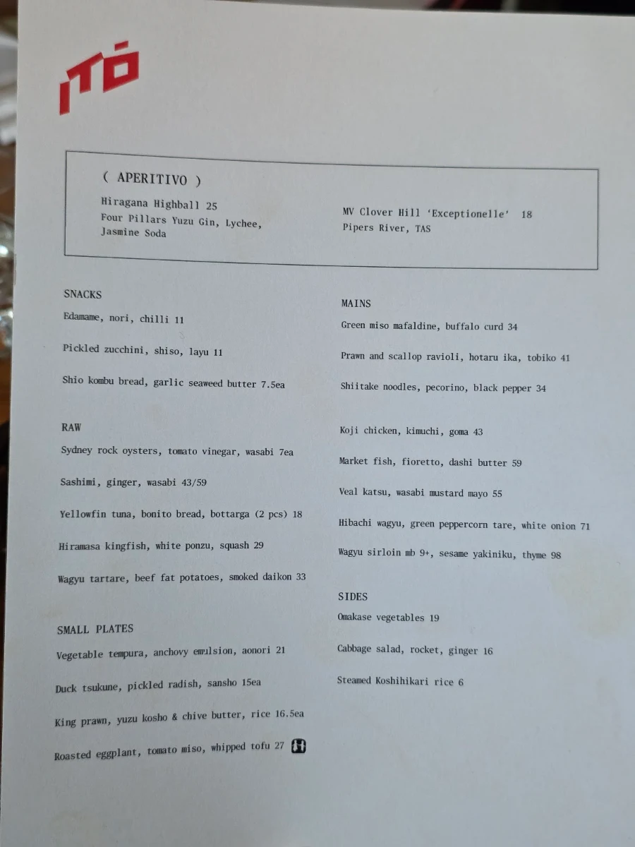 Menu, Itō Restaurant