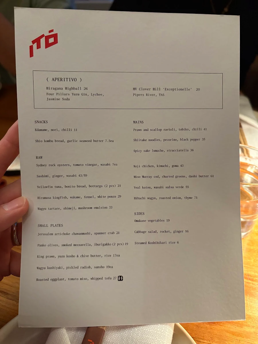 Menu, Itō Restaurant