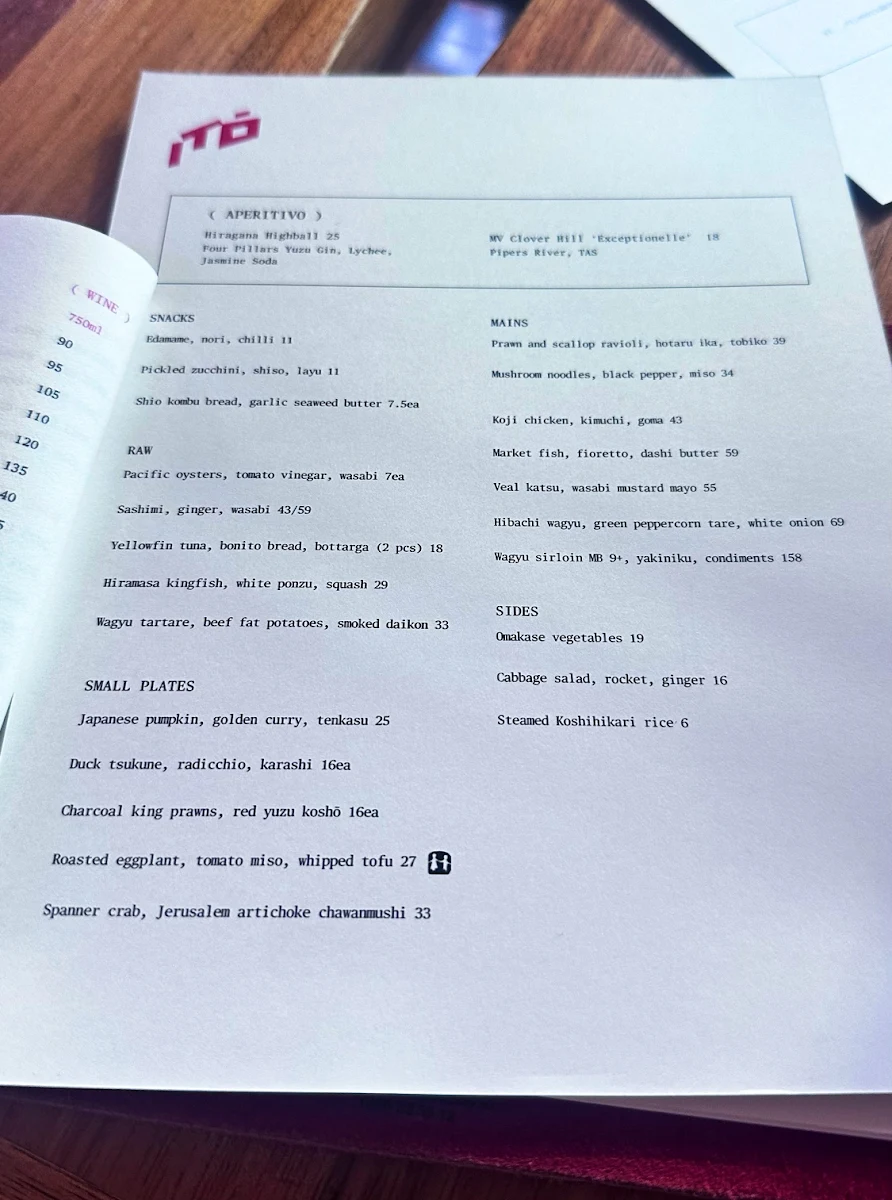 Menu, Itō Restaurant